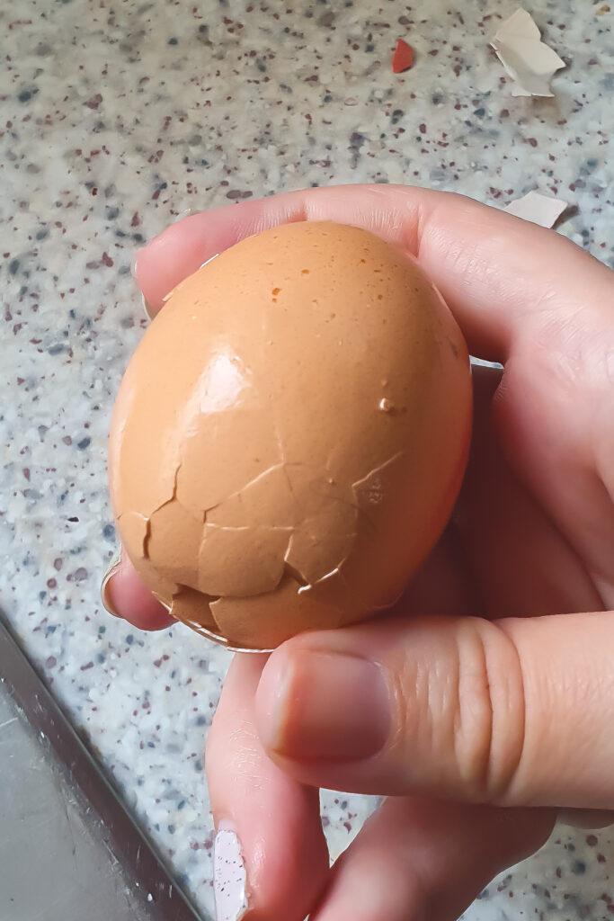 A hand holds a cracked brown egg over a speckled countertop, with eggshell fragments in the background—perfect for starting your favorite egg salad recipe.
