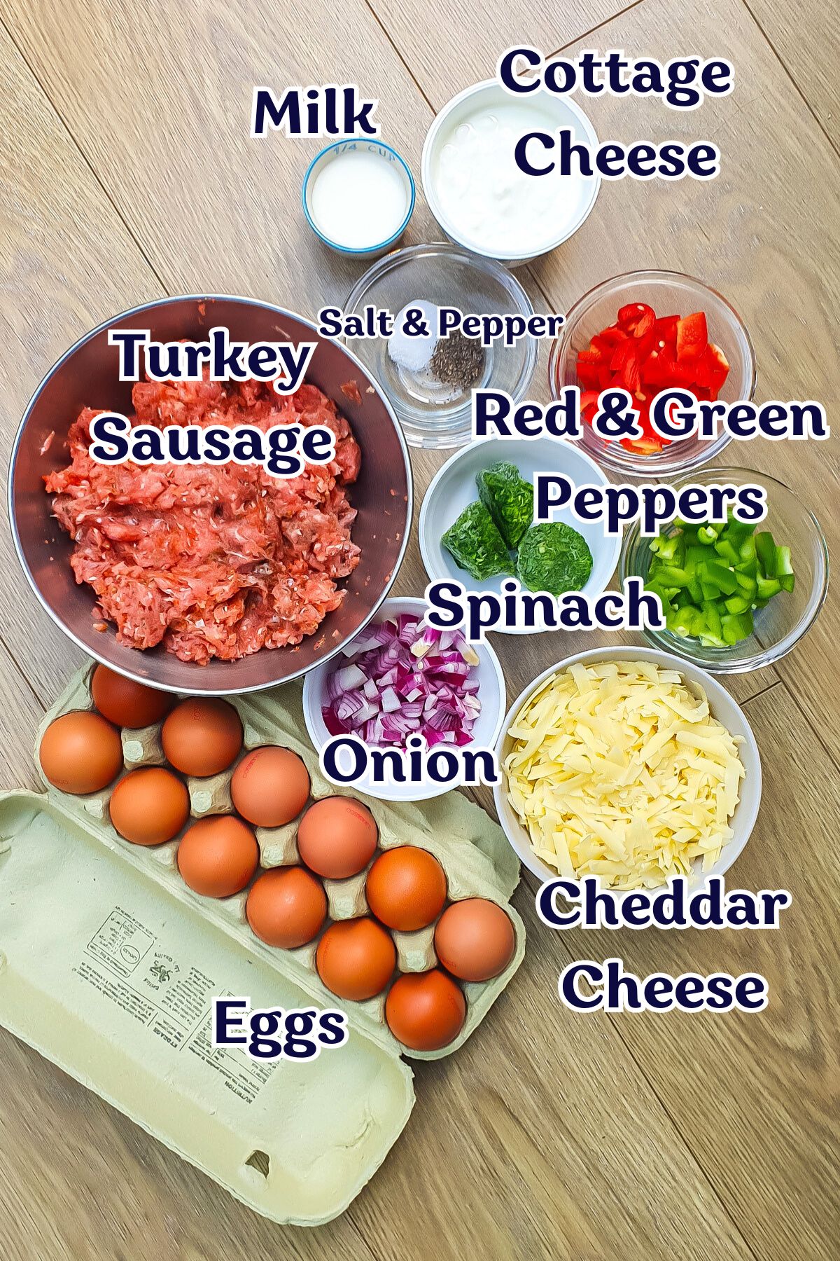 A variety of labeled ingredients on a wooden surface, perfect for making a delicious Cottage Cheese Egg Bake, including turkey sausage, eggs, cheddar cheese, onion, spinach, red and green peppers, cottage cheese, milk, and seasonings.