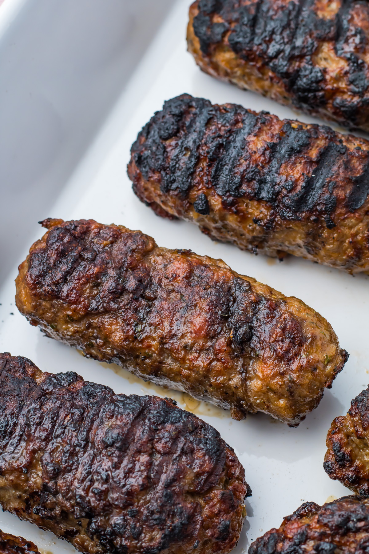 Grilled lamb koftas with dark grill marks are arranged in a white dish.