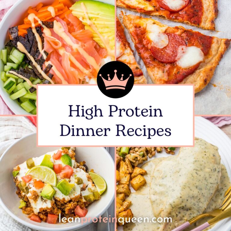 A collage of four high protein dinner recipes—salmon salad, pepperoni pizza, a taco bowl, and chicken with potatoes—with text: "High Protein Dinner Recipes" and "leanproteinqueen.com".