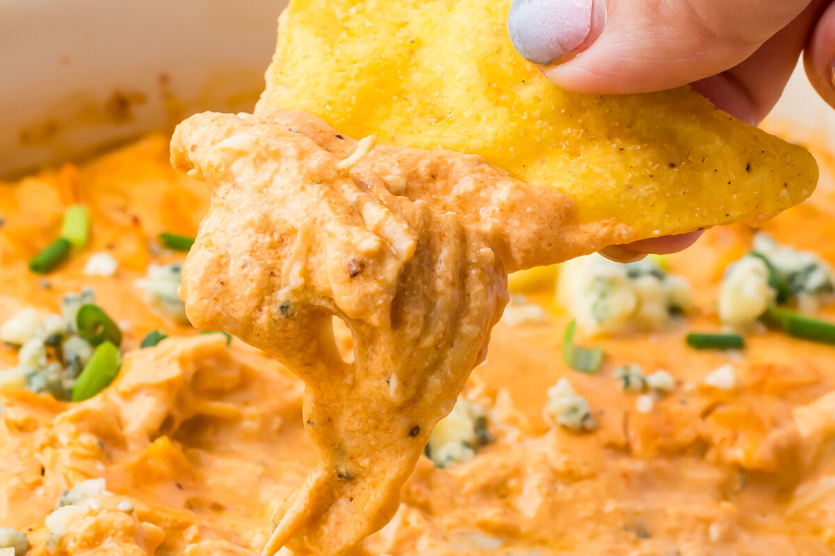 A hand dips a tortilla chip into a creamy Buffalo Chicken Dip with cottage cheese and topped with blue cheese crumbles and chopped green onions.