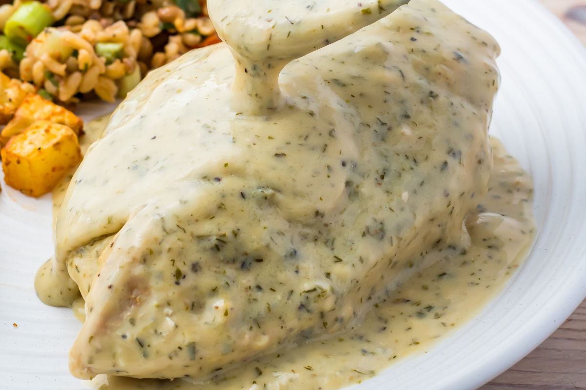 A piece of chicken breast covered in creamy herb sauce, inspired by cottage cheese recipes, served with a side of grains and small cubes of roasted vegetables on a white plate.