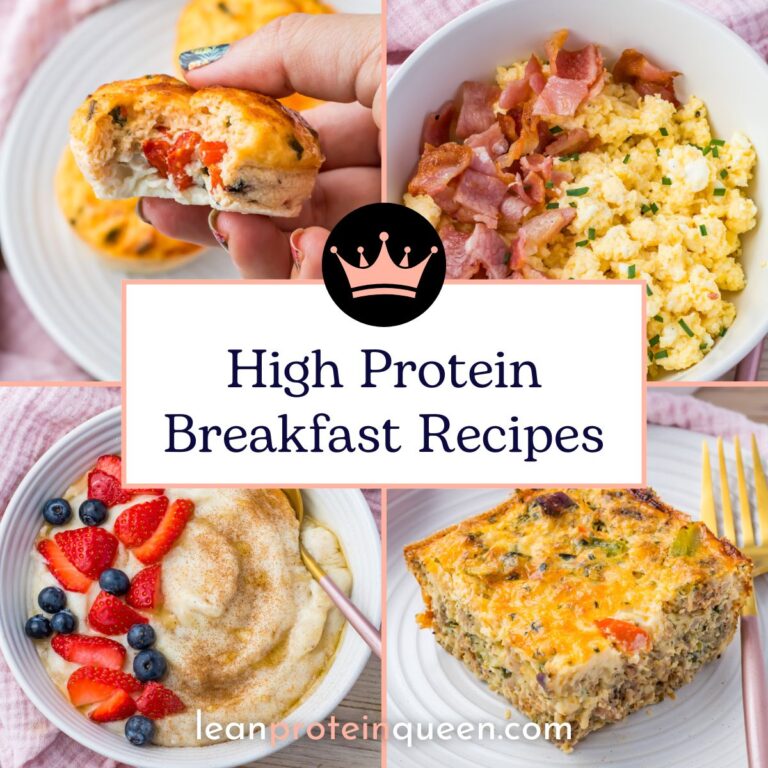 Collage of four easy high protein breakfast dishes including an egg muffin, scrambled eggs with bacon, protein pancakes with berries, and a baked egg casserole, labeled "High Protein Breakfast Recipes.