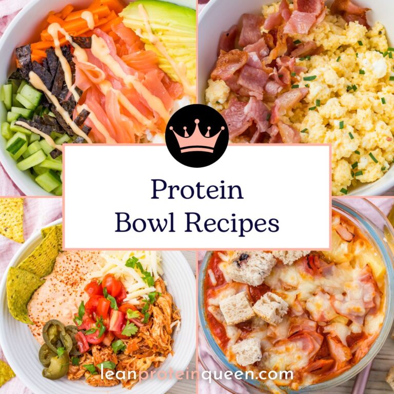 Four delicious protein bowl recipes featuring salmon, avocado, eggs, bacon, shredded chicken, salsa, and cheesy baked toppings. Text overlay reads "Protein Bowl Recipes." Perfect for fueling your day with flavor and nutrients.