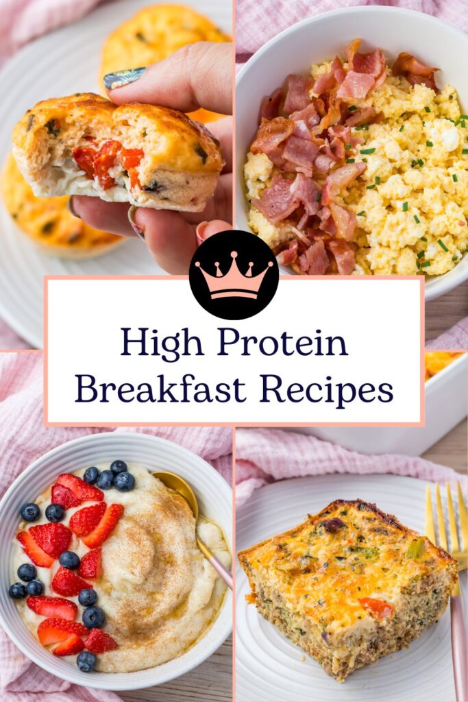 A collage of four easy high protein breakfast dishes: an egg bite, scrambled eggs with bacon, a yogurt bowl with berries, and a vegetable egg bake, with a text overlay "High Protein Breakfast Recipes.