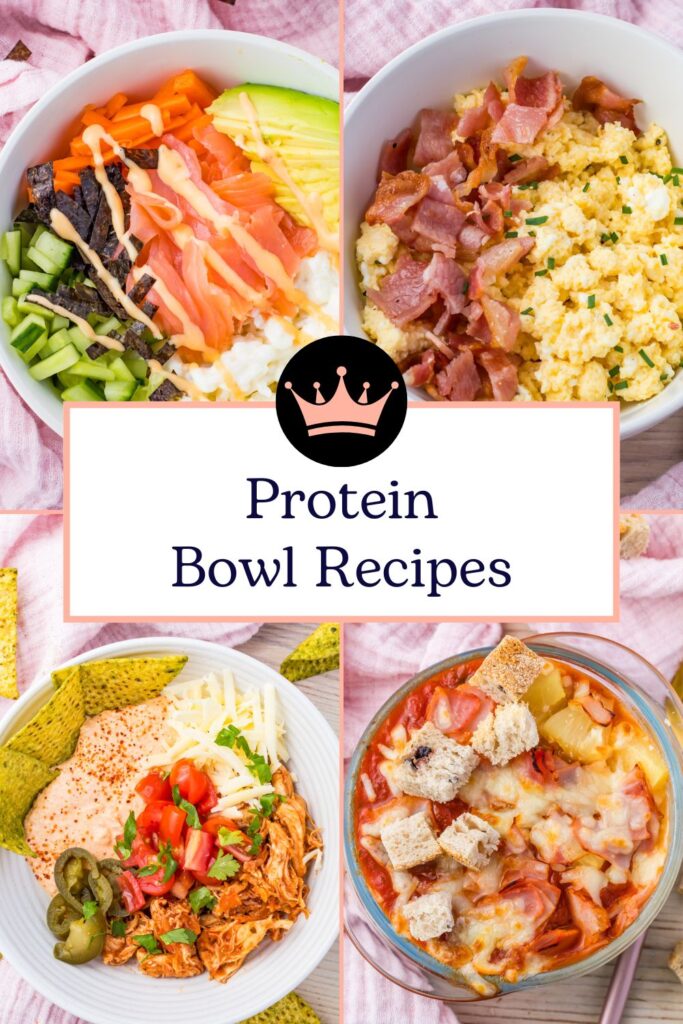 Four different protein bowls with eggs, bacon, avocado, shredded chicken, vegetables, and croutons are arranged around a sign that reads "Protein Bowl Recipes.