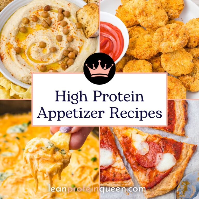 A collage of high protein appetizer recipes: hummus with chickpeas and pita, breaded nuggets, cheesy dip with chips, and pepperoni pizza slices. Text reads "High Protein Appetizer Recipes.