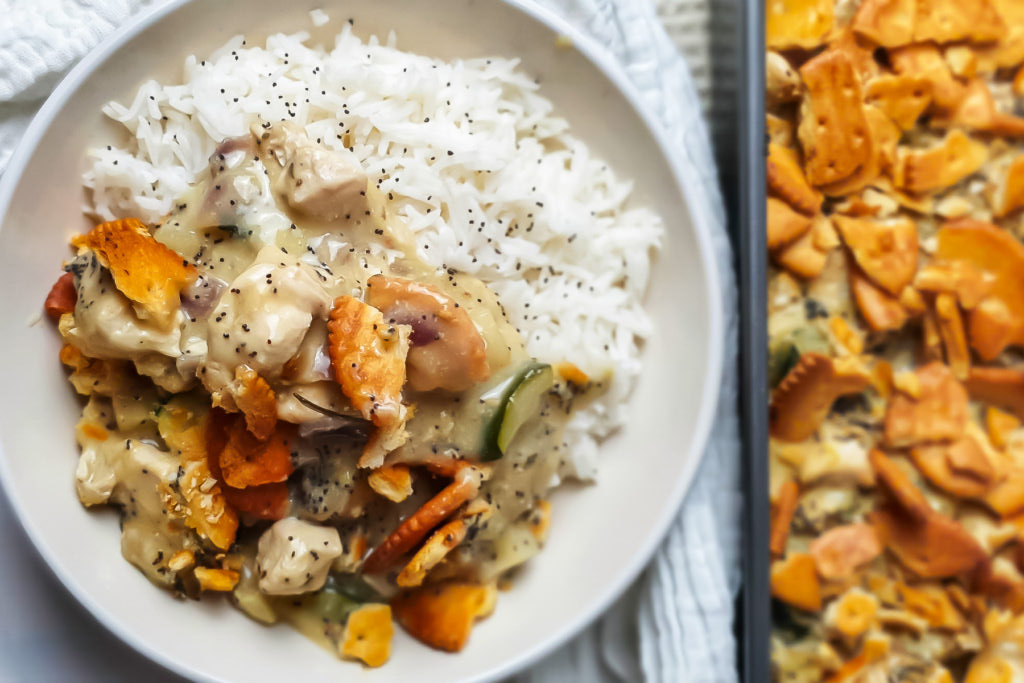 A bowl of food in a pan, perfect for those seeking high protein chicken recipes.