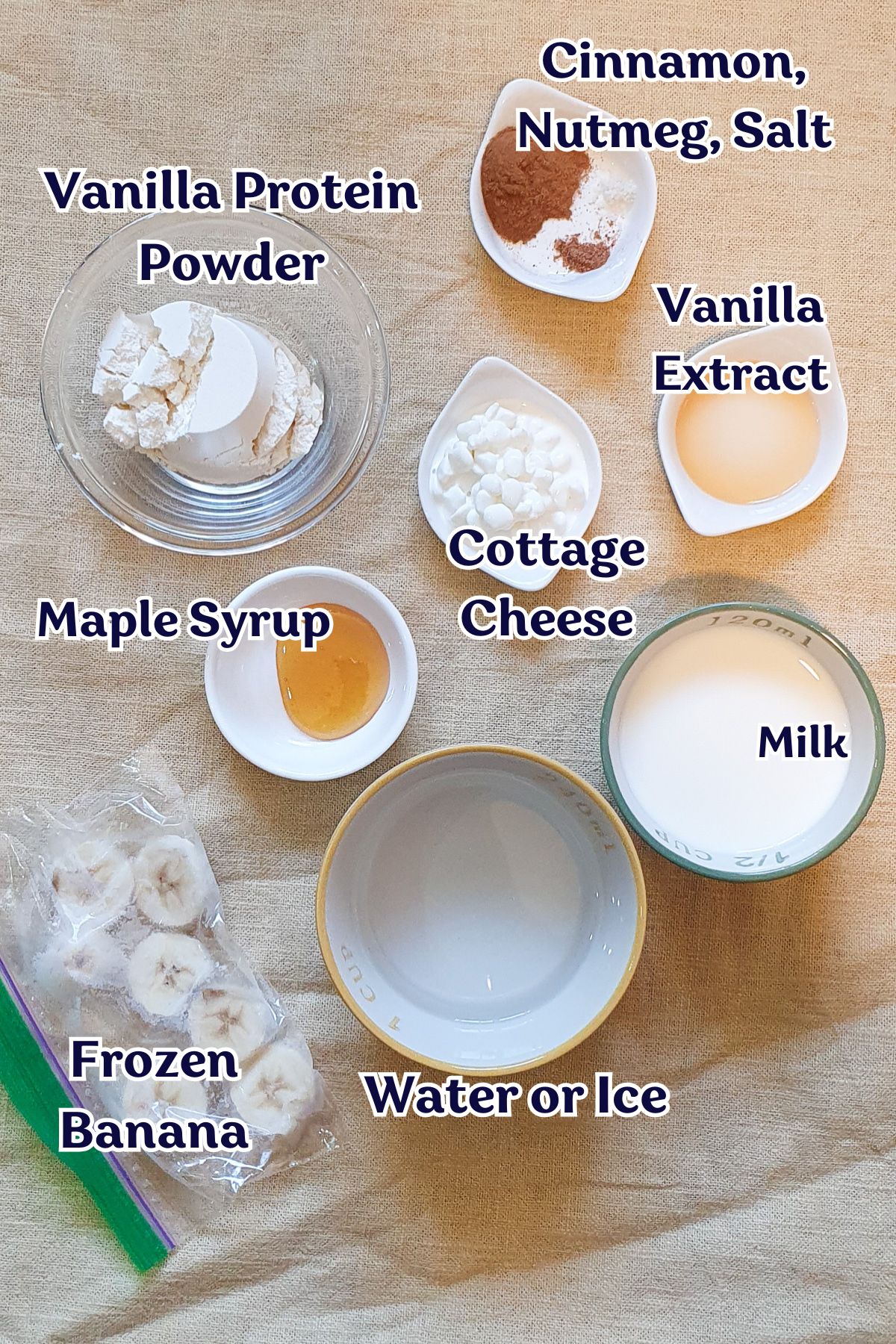 Various labeled ingredients for a Cinnamon Roll Protein Shake on a beige cloth: vanilla protein powder, maple syrup, frozen banana, water or ice, milk, cottage cheese, vanilla extract, cinnamon, nutmeg, and salt.