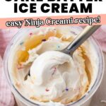 A spoon in a container of Cake Batter Protein Ice Cream with sprinkles. Text on image says "High Protein Cake Batter Ice Cream, easy Ninja Creami recipe!.