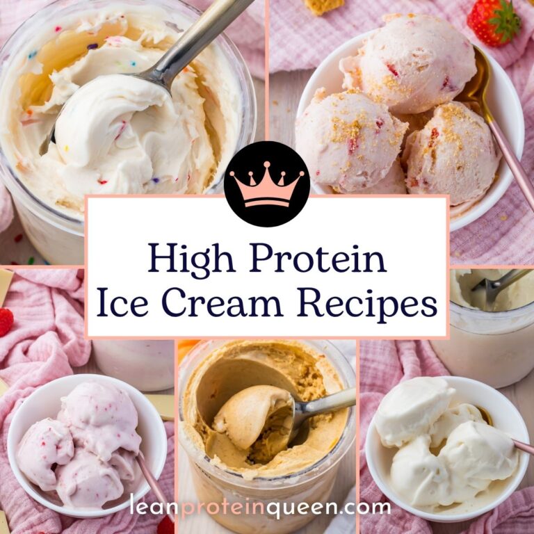 Bowls and jars of various ice cream flavors surround a sign that reads &ldquo;High Protein Ice Cream Recipes,&rdquo; highlighting delicious ways to enjoy your favorite frozen treats while boosting your protein intake. A pink crown icon sits above the text, emphasizing that these High Protein Ice Cream Recipes are truly fit for royalty.