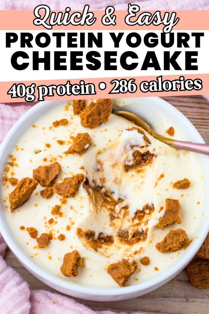 A bowl of greek yogurt protein cheesecake topped with crumbled cookies, with a spoon in the bowl. Text overlay highlights 40g protein and 286 calories.